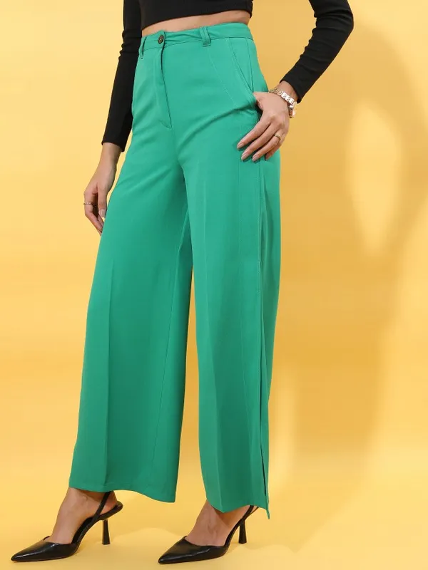  Tokyo Talkies Women Green Solid Flared Casual Trousers