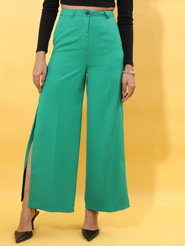  Tokyo Talkies Women Green Solid Flared Casual Trousers