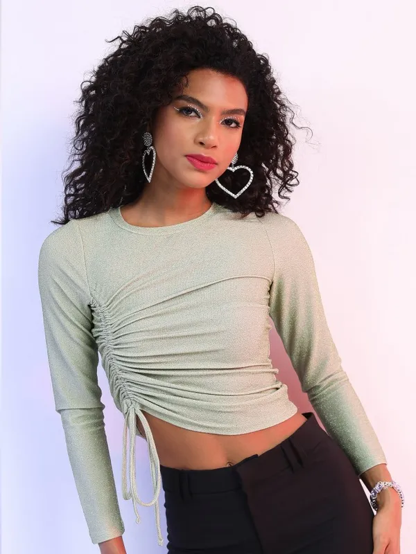 Tokyo Talkies Women Green Self Design Fitted Top