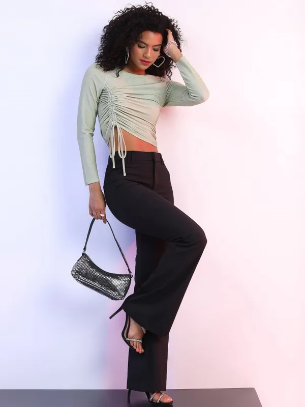 Tokyo Talkies Women Green Self Design Fitted Top