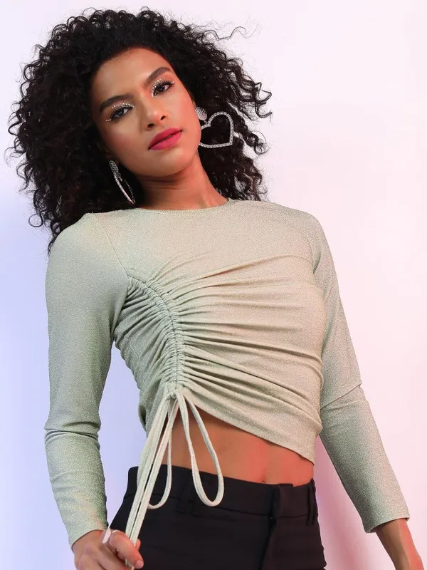 Tokyo Talkies Women Green Self Design Fitted Top