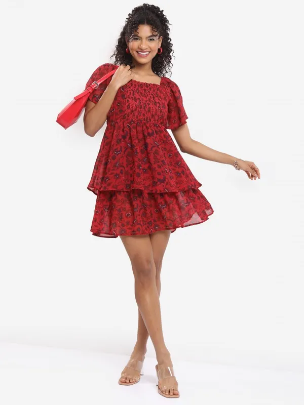 Tokyo Talkies Women Rust Printed Fit And Flare Dress