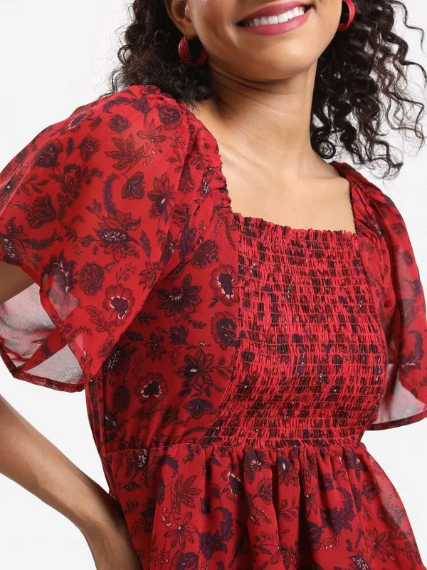 Tokyo Talkies Women Rust Printed Fit And Flare Dress