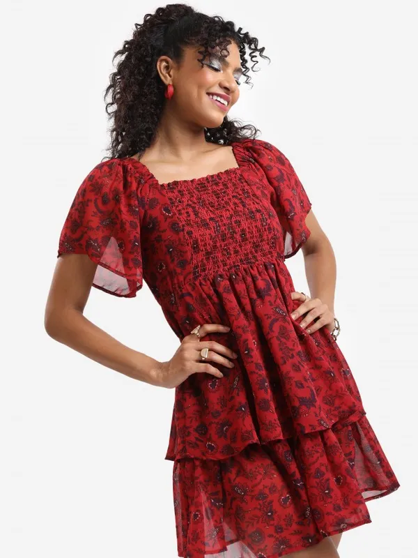 Tokyo Talkies Women Rust Printed Fit And Flare Dress