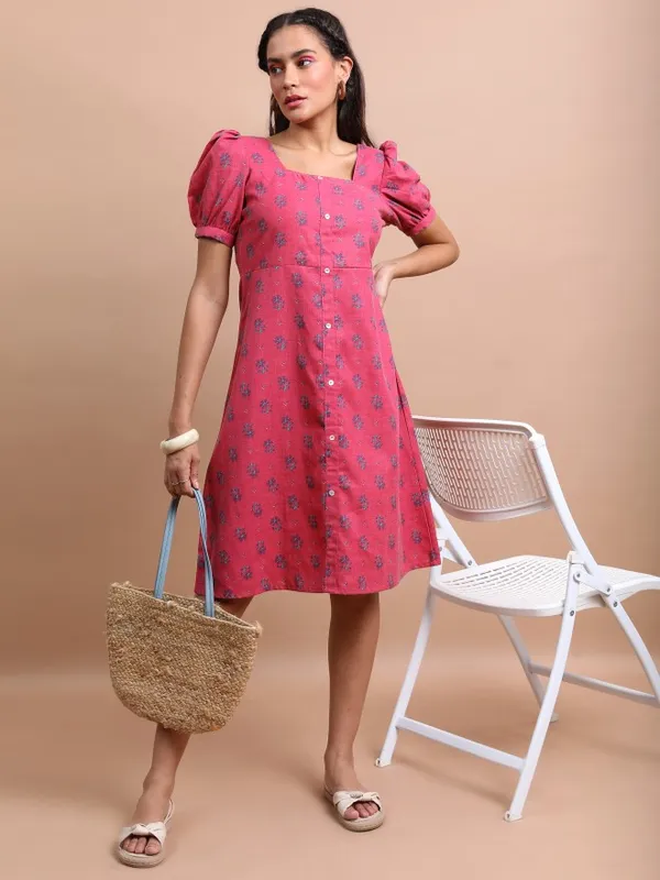 Vishudh Women Pink Printed A-Line Dress