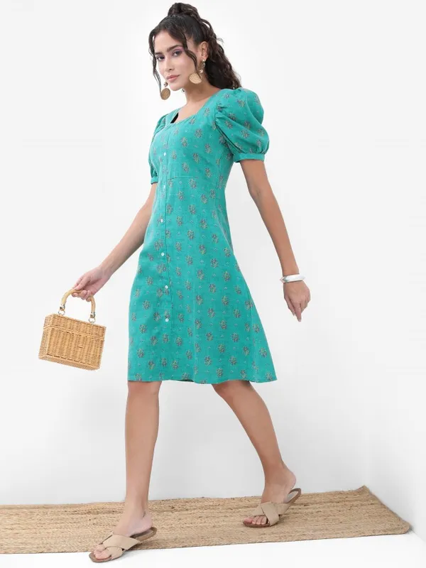 Vishudh Women Turquoise Printed A-Line Dress