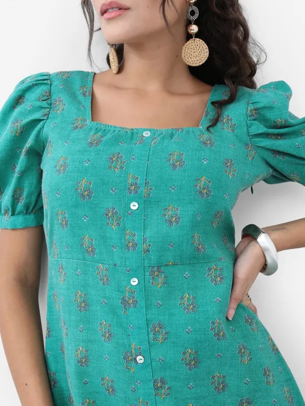 Vishudh Women Turquoise Printed A-Line Dress