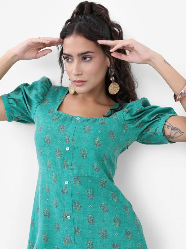  Vishudh Women Turquoise Printed A-Line Ethnic Dresses
