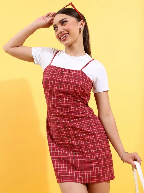  Tokyo Talkies Women Maroon Checked A-Line Dresses