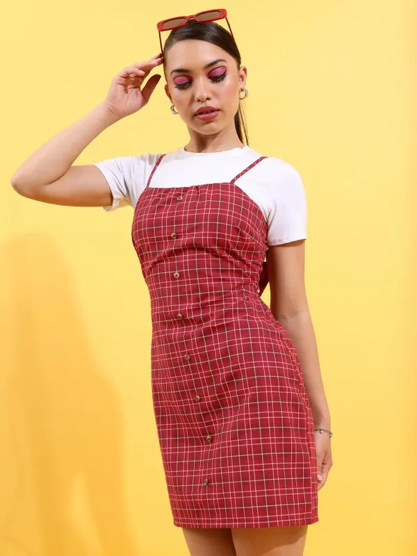  Tokyo Talkies Women Maroon Checked A-Line Dresses