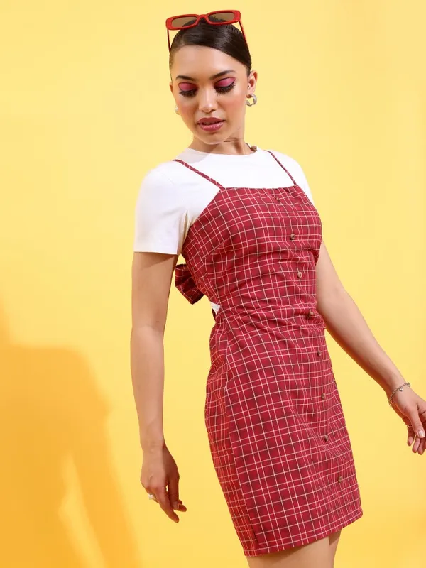  Tokyo Talkies Women Maroon Checked A-Line Dresses