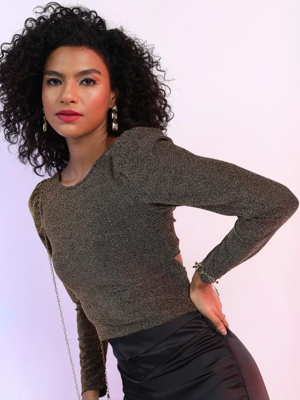 Tokyo Talkies Women Black Self Design Regular Top