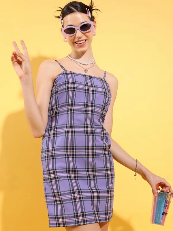 Tokyo Talkies Women Purple Checked Sheath Dress