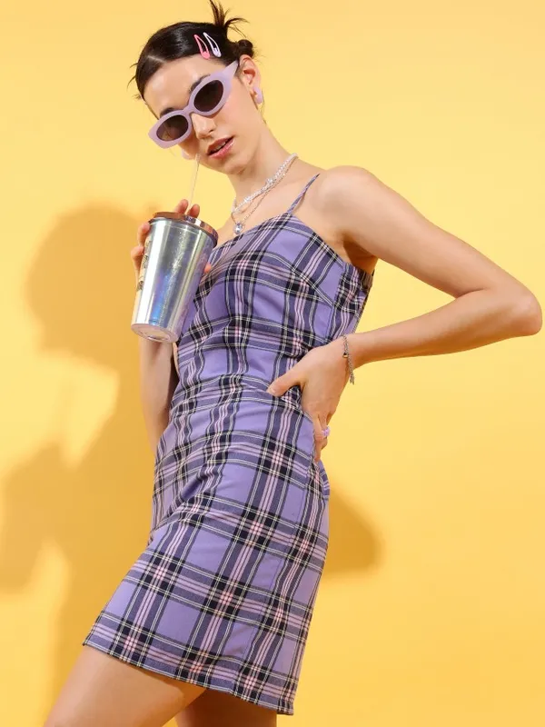 Tokyo Talkies Women Purple Checked Sheath Dress