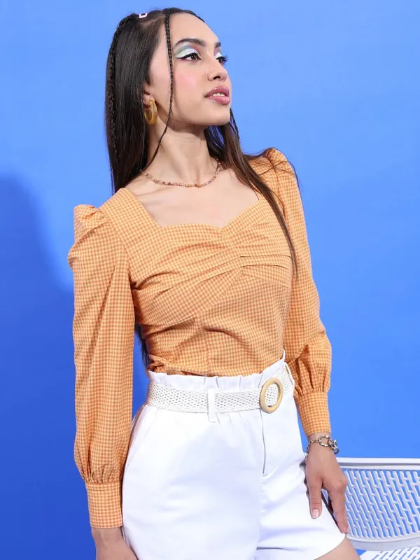 Tokyo Talkies Women Yellow Checked Regular Top