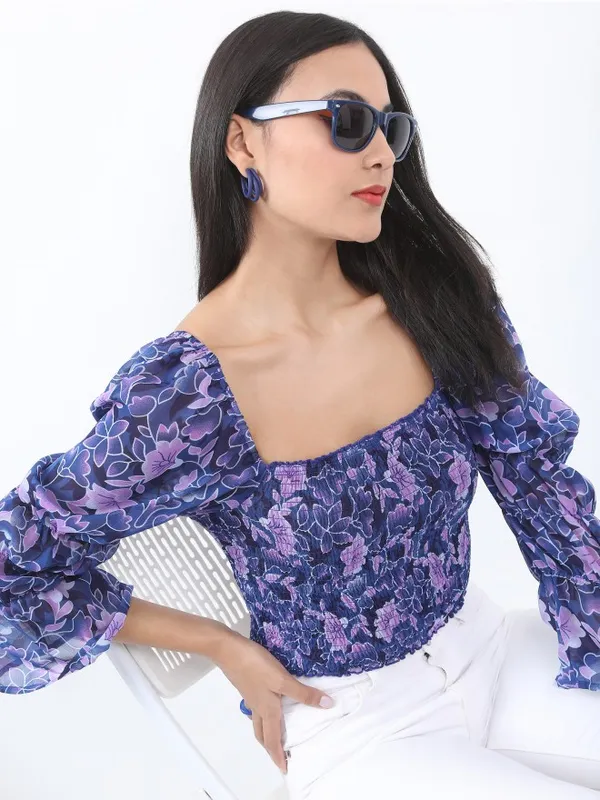  Ketch Women Blue Printed Blouson Tops