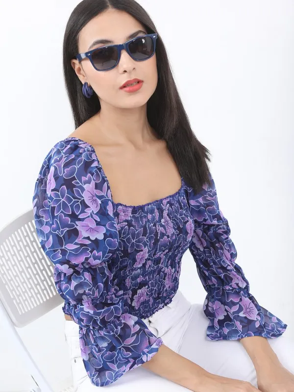  Ketch Women Blue Printed Blouson Tops