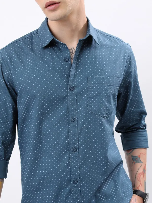  Highlander Men Teal Printed Slim Fit Casual Shirts