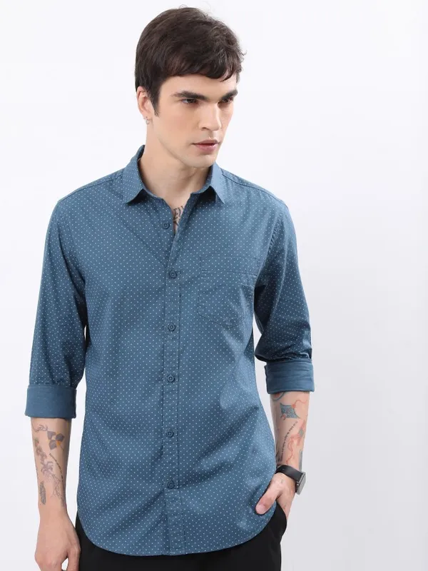  Highlander Men Teal Printed Slim Fit Casual Shirts