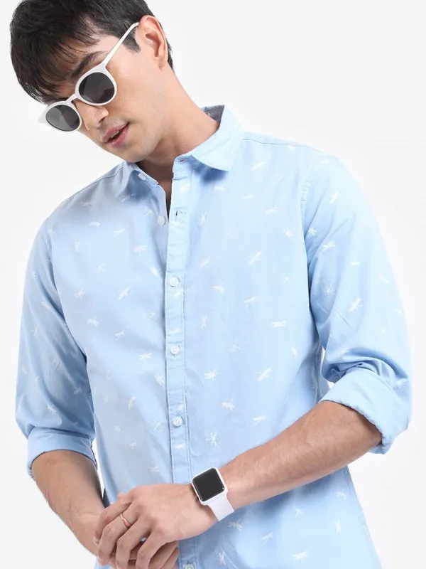  Highlander Men Blue Printed Slim Fit Casual Shirts