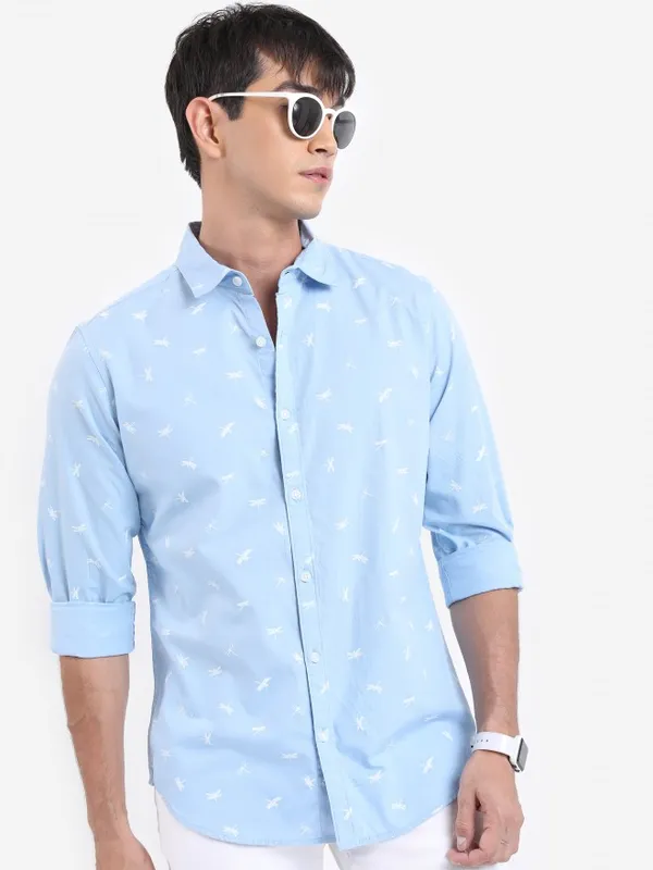  Highlander Men Blue Printed Slim Fit Casual Shirts