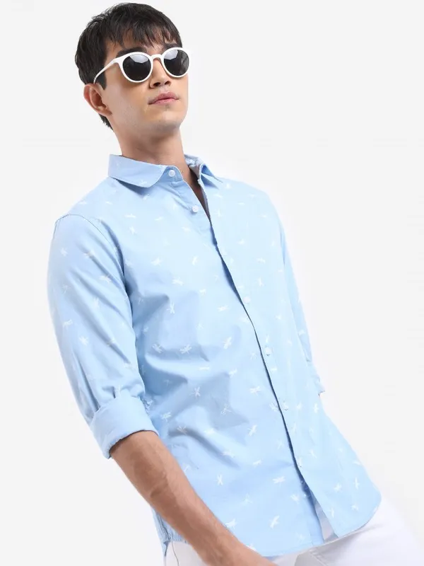  Highlander Men Blue Printed Slim Fit Casual Shirts