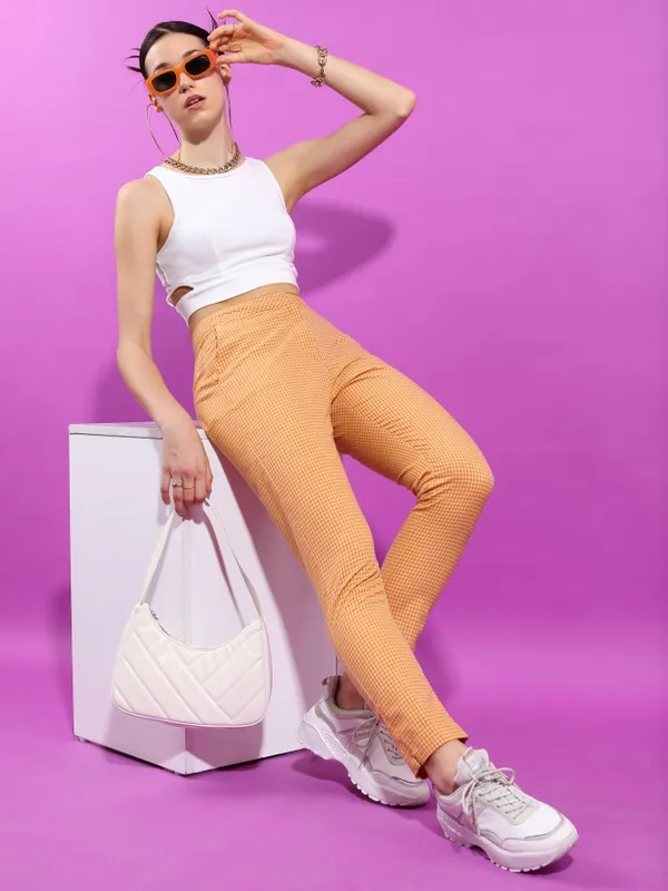  Tokyo Talkies Women Yellow Checked Regular Fit Casual Trousers