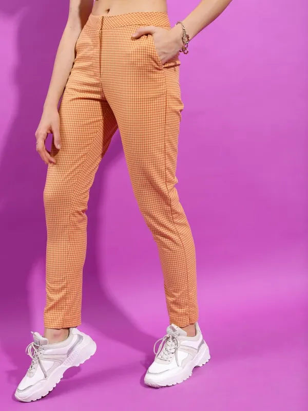  Tokyo Talkies Women Yellow Checked Regular Fit Casual Trousers