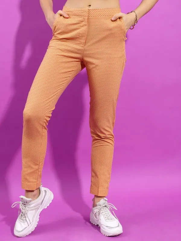 Tokyo Talkies Women Yellow Checked Regular Fit Casual Trousers
