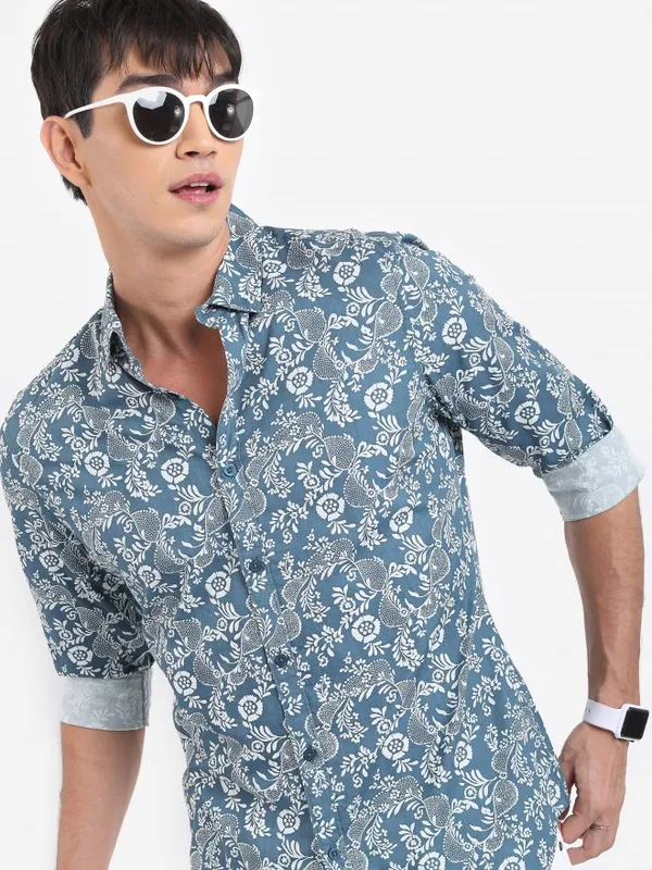  Highlander Men Teal Printed Slim Fit Casual Shirts