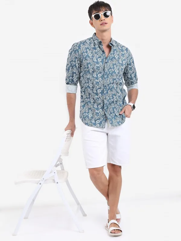  Highlander Men Teal Printed Slim Fit Casual Shirts