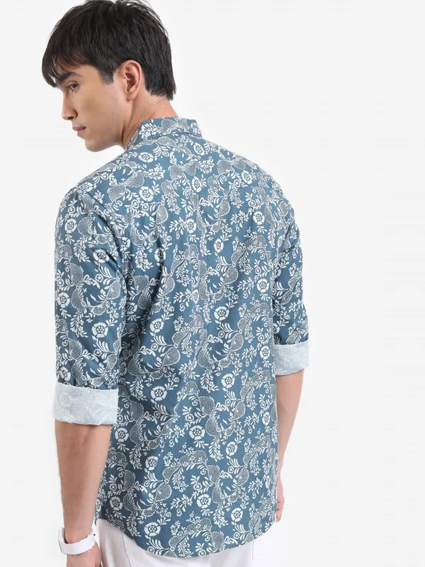  Highlander Men Teal Printed Slim Fit Casual Shirts