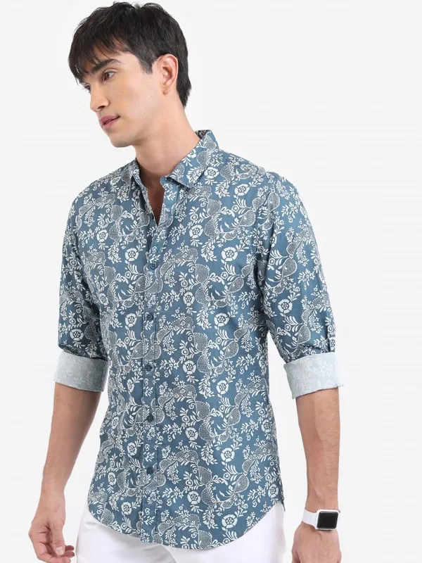  Highlander Men Teal Printed Slim Fit Casual Shirts