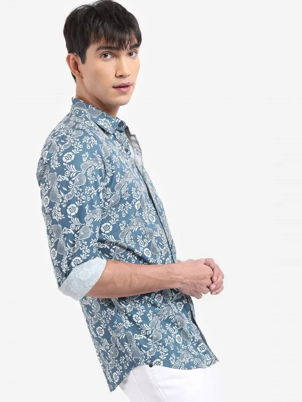  Highlander Men Teal Printed Slim Fit Casual Shirts