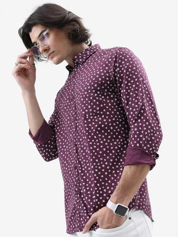 Highlander Men Plum Printed Slim Fit Casual Shirt
