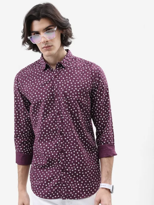 Highlander Men Plum Printed Slim Fit Casual Shirt