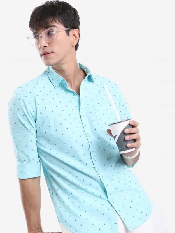  Ketch Men Blue Printed Slim Fit Casual Shirts
