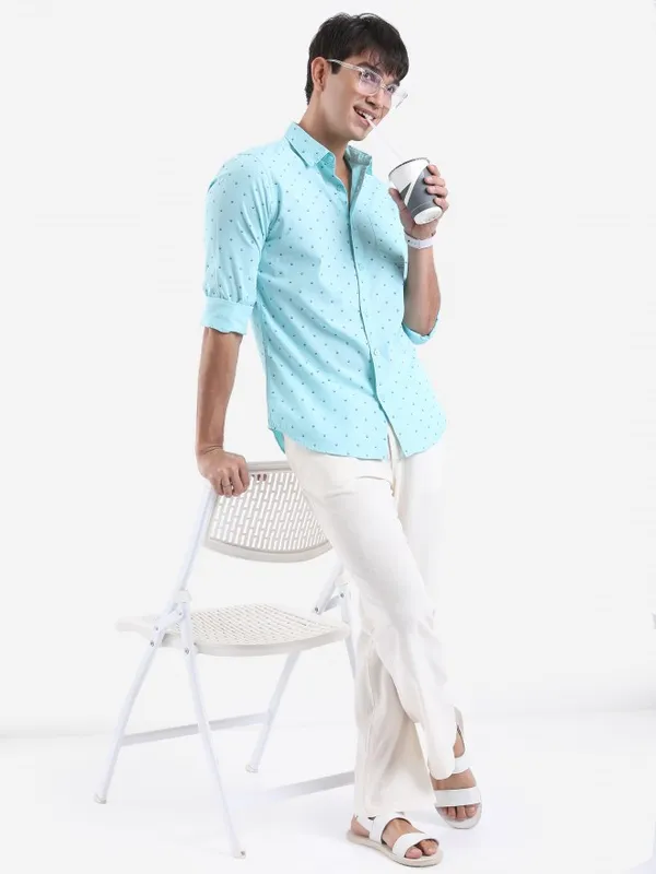  Ketch Men Blue Printed Slim Fit Casual Shirts