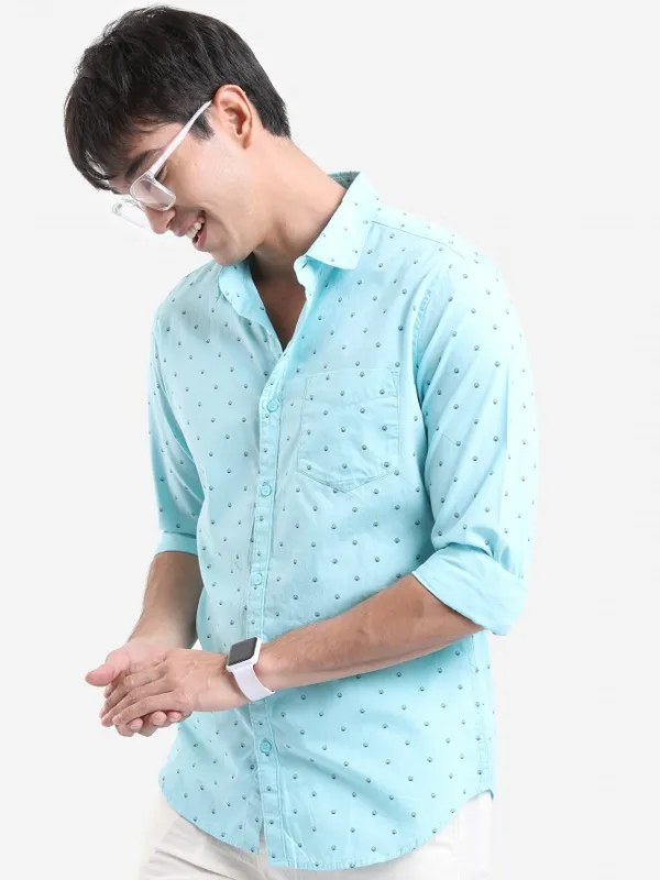  Ketch Men Blue Printed Slim Fit Casual Shirts