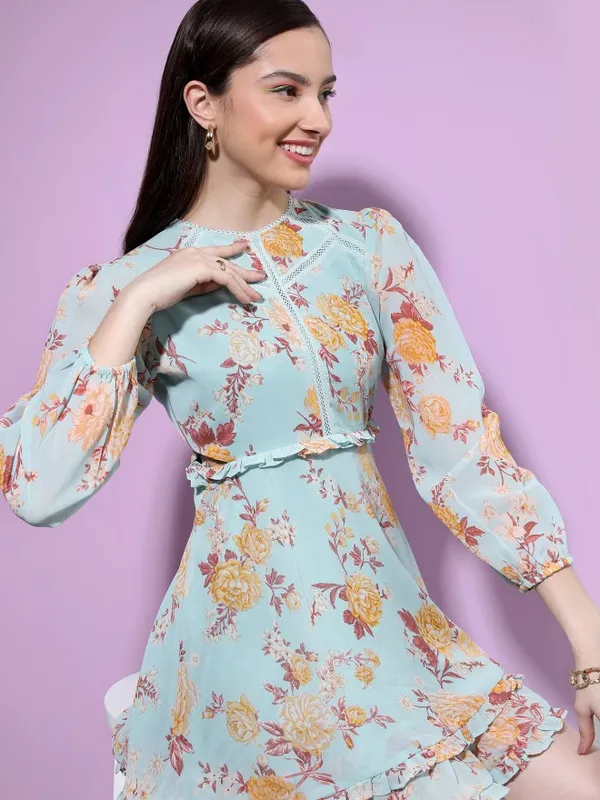 Tokyo Talkies Women Teal Printed Fit And Flare Dress