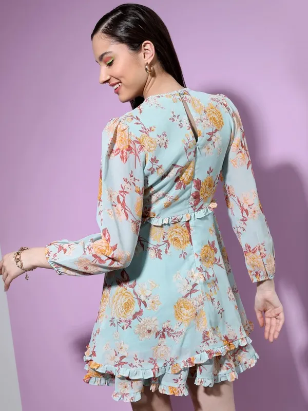 Tokyo Talkies Women Teal Printed Fit And Flare Dress