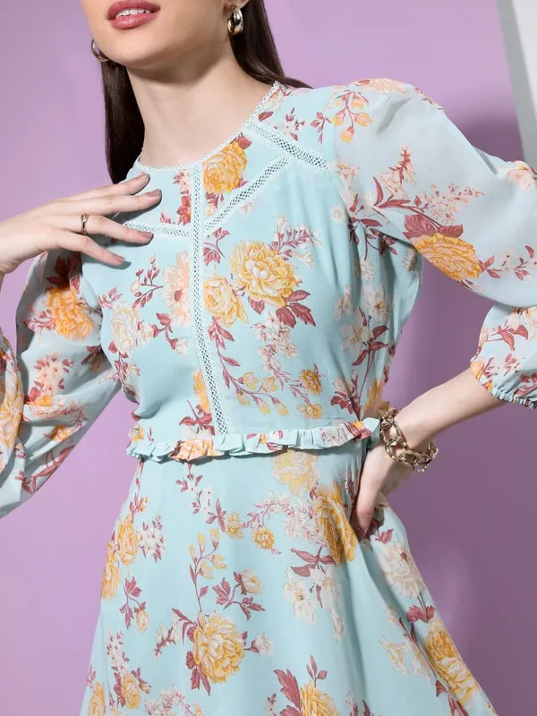 Tokyo Talkies Women Teal Printed Fit And Flare Dress