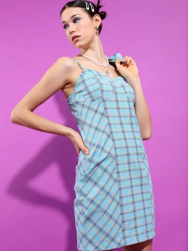 Tokyo Talkies Women Blue Checked Sheath Dress