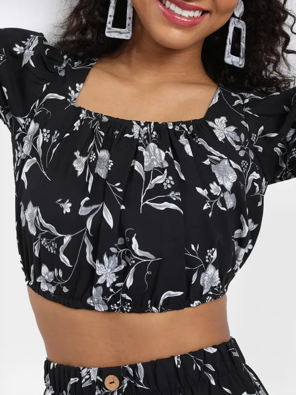 Tokyo Talkies Women Black Printed Top With Skirt Co-Ords