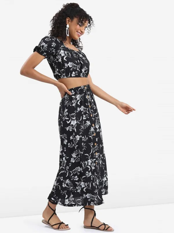 Tokyo Talkies Women Black Printed Top With Skirt Co-Ords