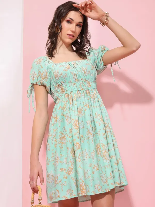 Tokyo Talkies Women Green Printed Fit And Flare Dress