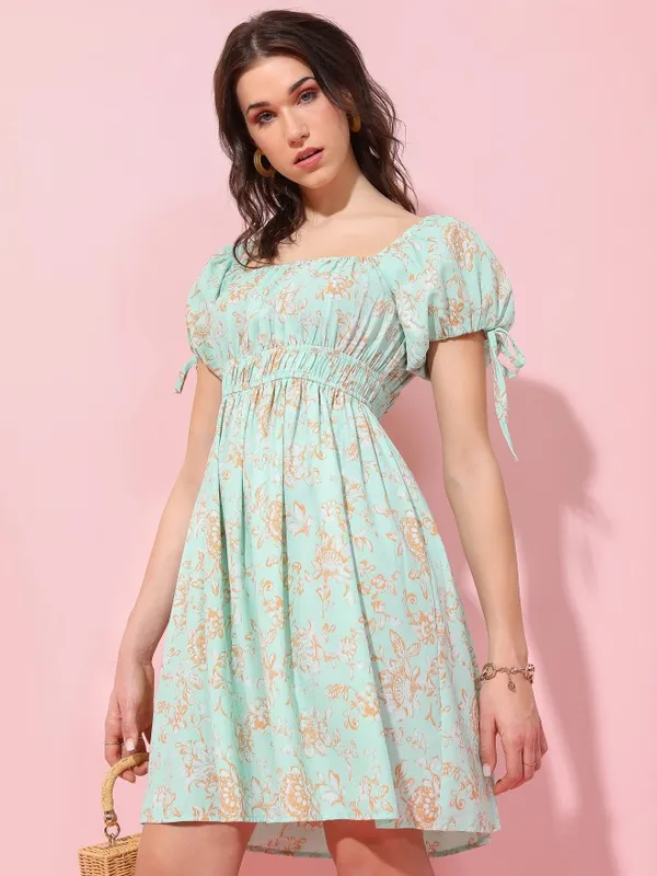 Tokyo Talkies Women Green Printed Fit And Flare Dress
