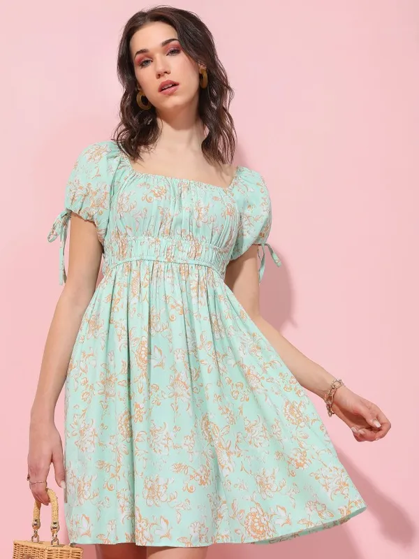 Tokyo Talkies Women Green Printed Fit And Flare Dress
