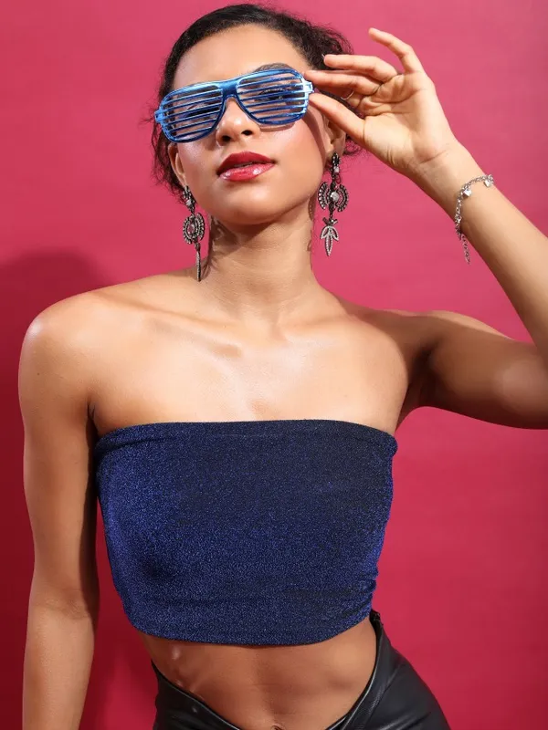 Tokyo Talkies Women Blue Self Design Tube Top
