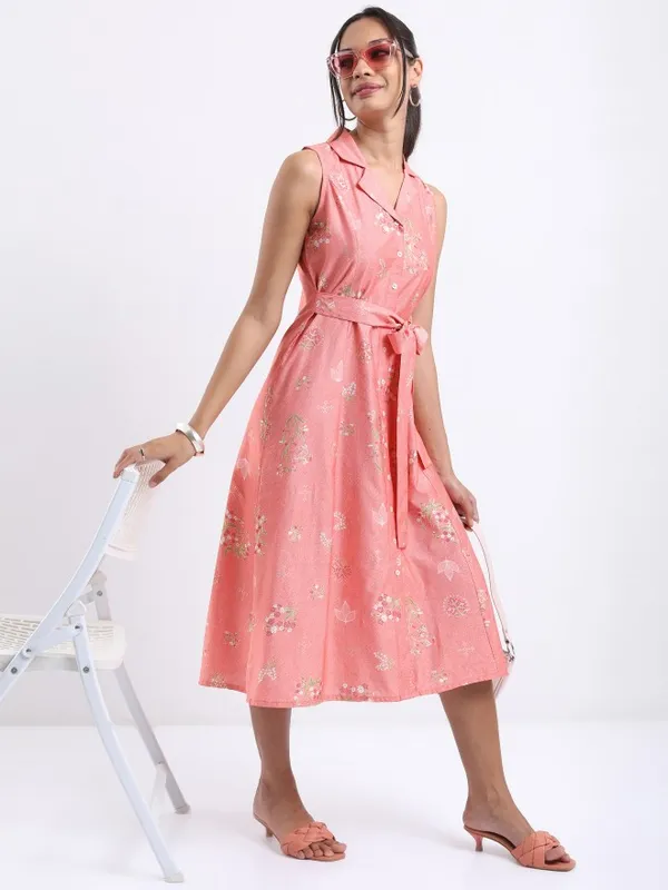Vishudh women Peach Printed A-Line Dress